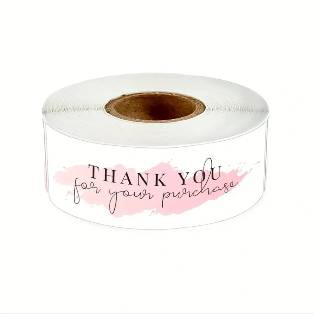 3-Pack Semi-Glossy Pulp Thank You Stickers, 120pcs/Roll, Pink Rectangle Shape